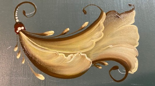 Single flowing acanthus scroll brushstroke in golds and browns on a teal ground